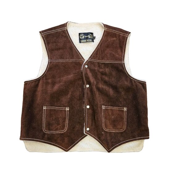Vtg Sears Leather Shop Rancher Vest Mens XL Sherpa Lined Brown Cowboy 70s